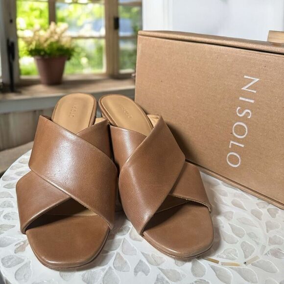 NISOLO Carina Leather Cross Strap Heeled Slip On Sandal Mule Womens 7.5 - Picture 5 of 16